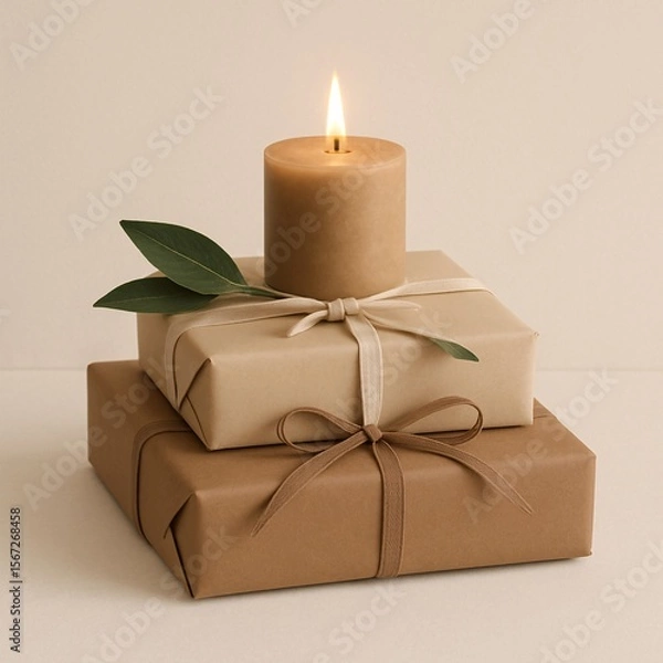 Fototapeta Minimalistic eco-friendly gift wrapping with a lit beige candle and green leaf on stacked neutral paper packages, creating a warm, natural, and sustainable holiday or celebration aesthetic.

