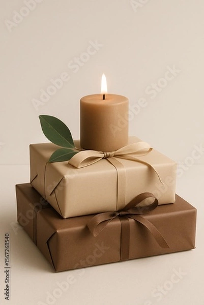 Fototapeta Minimalistic eco-friendly gift wrapping with a lit beige candle and green leaf on stacked neutral paper packages, creating a warm, natural, and sustainable holiday or celebration aesthetic.

