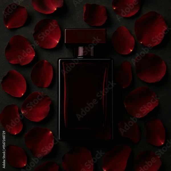Fototapeta Luxurious dark perfume bottle surrounded by red rose petals on a black background, creating a sensual, romantic, and elegant flat lay perfect for fragrance branding and advertising visuals.

