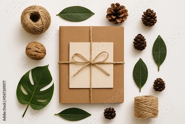 Fototapeta Flat lay of a kraft-wrapped gift tied with jute string, surrounded by green leaves, pine cones, walnut, and twine balls on a cream background, creating a natural, rustic, and eco-friendly aesthetic id