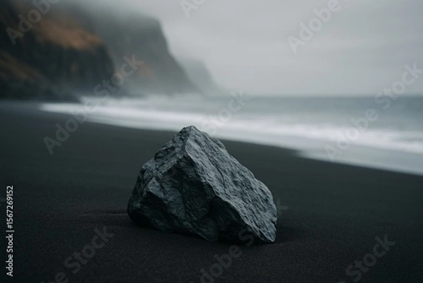 Fototapeta Black sand beach with a single dark rock in the foreground, misty ocean waves and cliffs in the background, creating a moody, minimal nature landscape ideal for travel, mindfulness, and calming aesthe