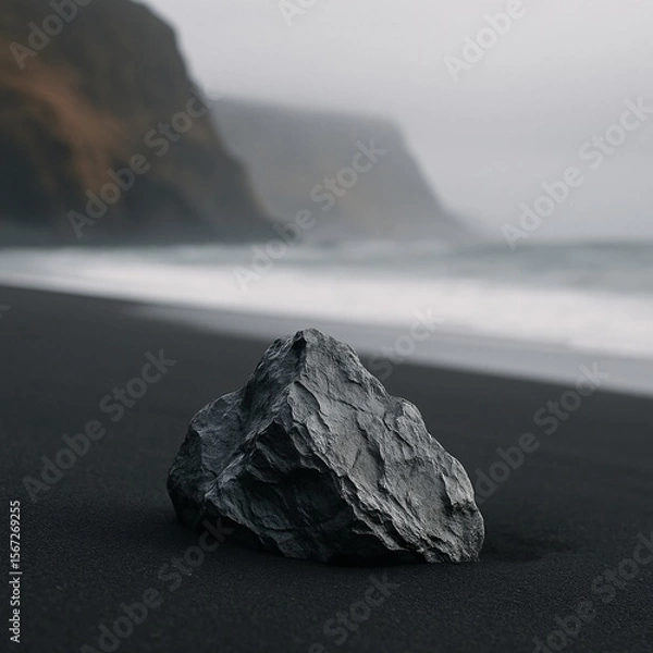 Fototapeta Black sand beach with a single dark rock in the foreground, misty ocean waves and cliffs in the background, creating a moody, minimal nature landscape ideal for travel, mindfulness, and calming aesthe