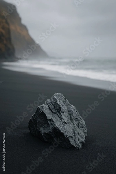 Fototapeta Black sand beach with a single dark rock in the foreground, misty ocean waves and cliffs in the background, creating a moody, minimal nature landscape ideal for travel, mindfulness, and calming aesthe