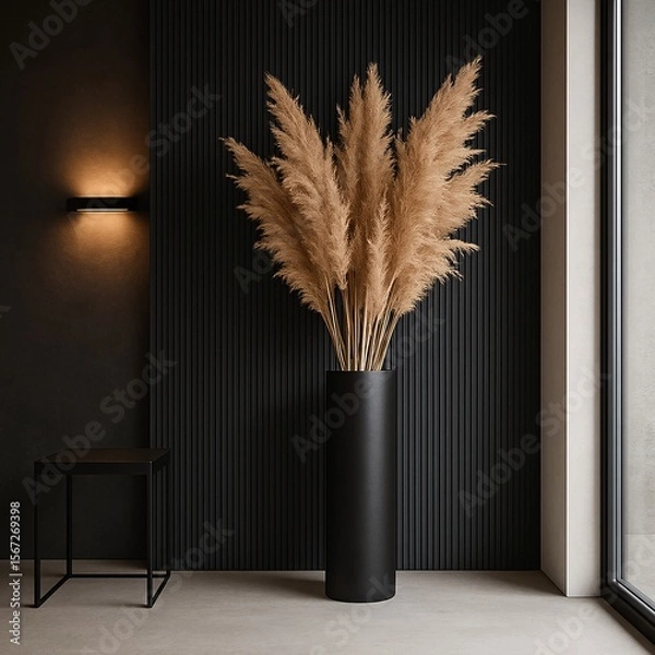 Fototapeta Modern interior with tall black vase holding pampas grass in minimal dark luxury living room with black textured wall, warm light, and large window, perfect for decor and background

