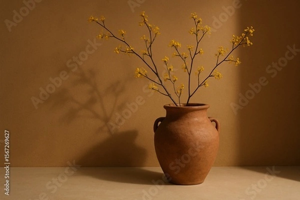 Fototapeta Minimalist still life of a terracotta vase with delicate yellow flowering branches casting shadows on a warm beige background, ideal for interior design, wabi-sabi aesthetic, and natural calm home sty