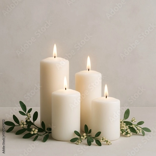 Fototapeta Elegant white pillar candles with green leaves on neutral background, creating a calm and serene atmosphere perfect for spa, wellness, relaxation, meditation, and peaceful home decor styling

