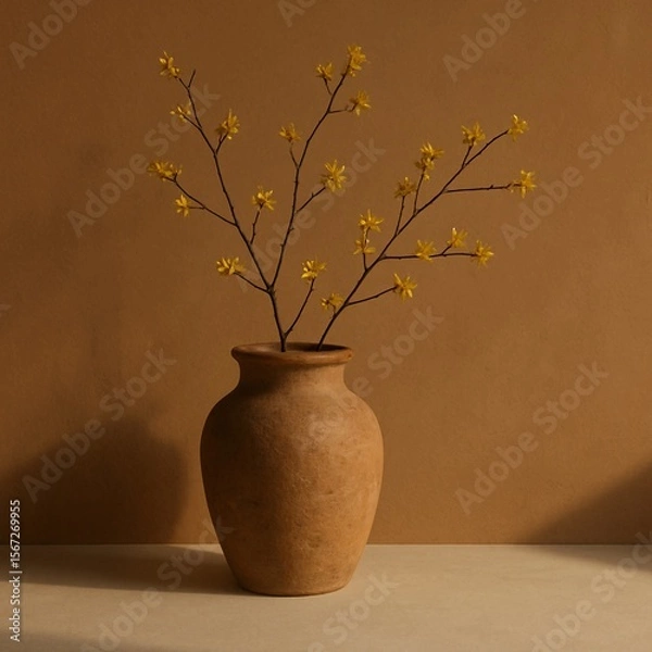 Fototapeta Minimalist still life of a terracotta vase with delicate yellow flowering branches casting shadows on a warm beige background, ideal for interior design, wabi-sabi aesthetic, and natural calm home sty