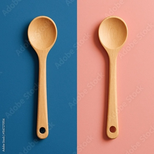 Fototapeta Wooden kitchen spoons on blue and pink background, perfect for cooking blogs, culinary branding, recipe content, kitchen utensil mockups, minimalist food photography and home lifestyle visuals

