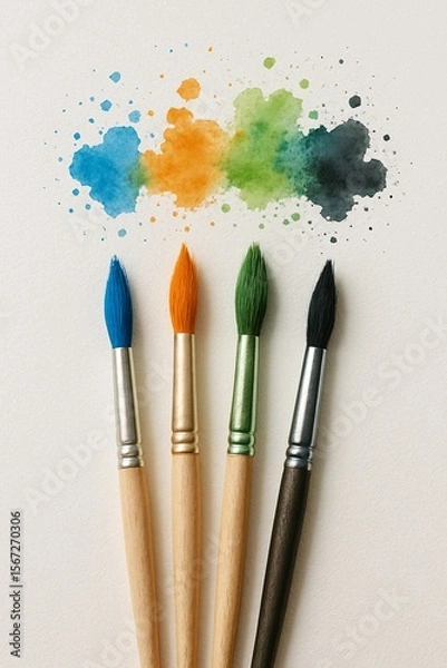 Fototapeta Colorful watercolor splashes with five paintbrushes on textured paper background, perfect for art design projects, creative workshops, painting courses, craft content, illustration and artistic brandi