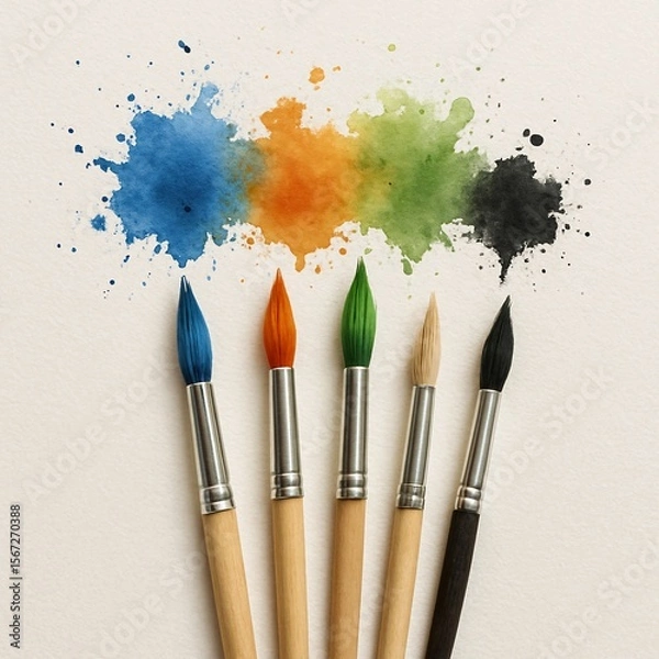Fototapeta Colorful watercolor splashes with five paintbrushes on textured paper background, perfect for art design projects, creative workshops, painting courses, craft content, illustration and artistic brandi
