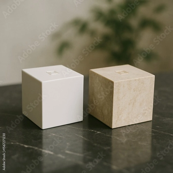 Fototapeta Minimalist modern wooden and ceramic cube decor objects on dark marble table with beige background, perfect for interior design, Scandinavian style, product mockup, lifestyle and branding scenes

