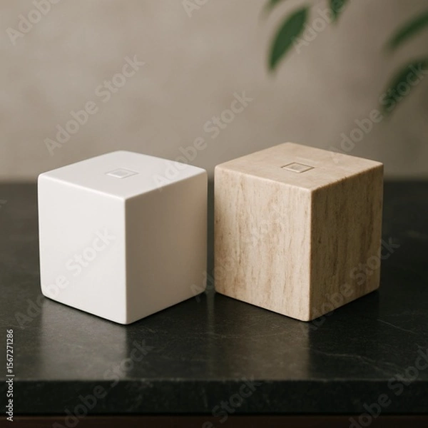 Fototapeta Minimalist modern wooden and ceramic cube decor objects on dark marble table with beige background, perfect for interior design, Scandinavian style, product mockup, lifestyle and branding scenes

