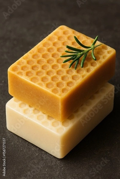 Fototapeta Handcrafted honeycomb beeswax and natural soap bar with rosemary on dark stone background, ideal for skincare, spa and bath wellness, clean beauty, zero waste lifestyle and organic hygiene

