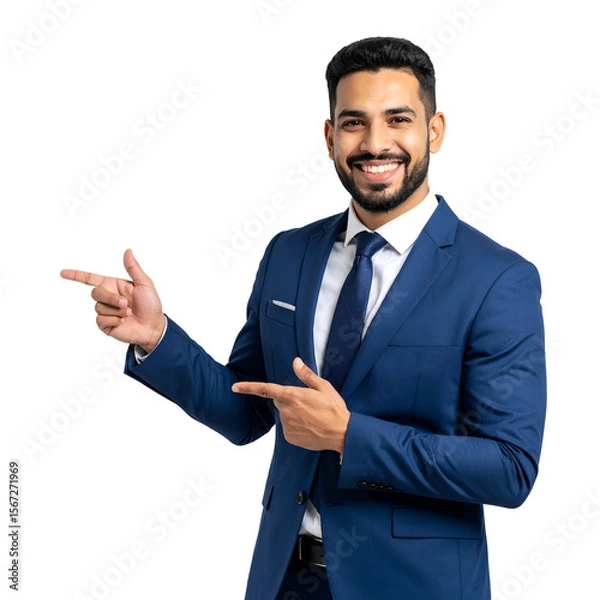 Fototapeta A well-dressed businessman pointing his fingers towards the direction. He is wearing a blue suit, exuding confidence and professionalism, isolated on transparent background