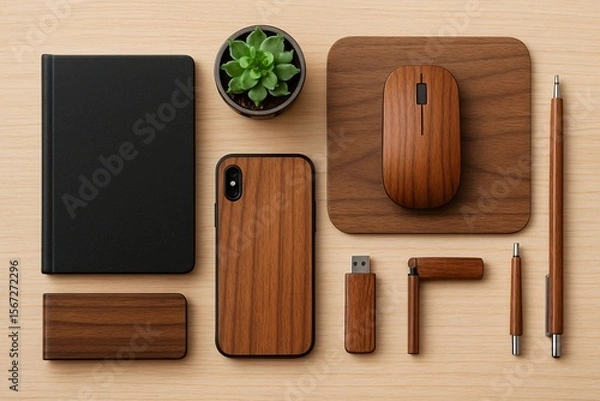 Fototapeta Flat lay of eco-friendly modern workspace with wooden accessories including mouse, phone case, USB, notebook, and succulent plant on a light wood desk, symbolizing minimal and sustainable design.

