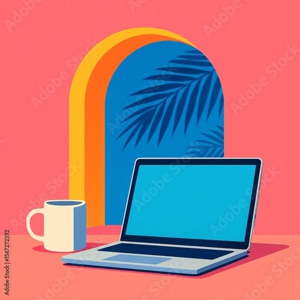 Fototapeta Modern minimal workspace with laptop and coffee cup in front of an arched window showing tropical palm shadows on a vibrant pink and blue background, symbolizing remote work and creativity.

