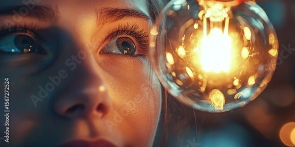 Fototapeta A close-up of a personâ€™s face as their eyes light up with inspiration, with a glowing light bulb above their head.