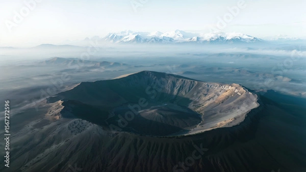 Fototapeta Breathtaking Aerial View of Volcanic Crater with Distant Snowy Mountains and Mist