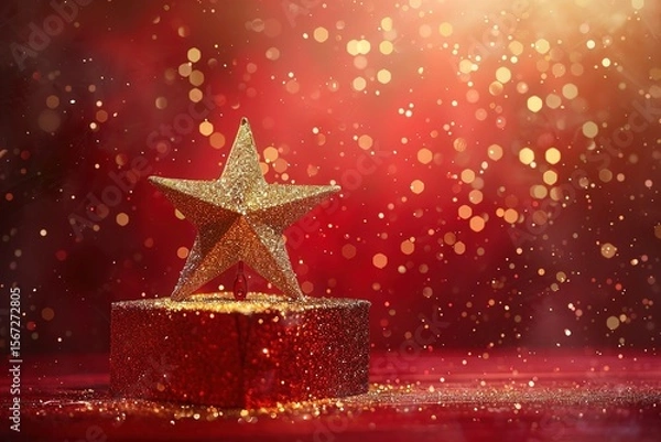 Fototapeta Christmas background with golden star on red bokeh light background, Ai Generated