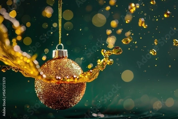 Fototapeta Christmas decoration with falling golden ball on dark green background with bokeh, Ai Generated
