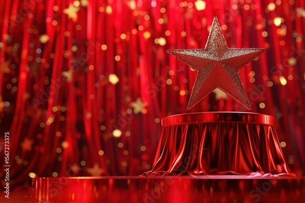 Fototapeta Christmas star on podium on red curtain background, 3d illustration, Ai generated