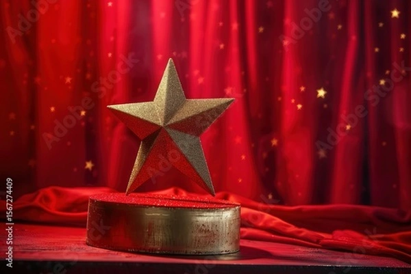 Fototapeta Christmas star on red curtain background, Ai generated