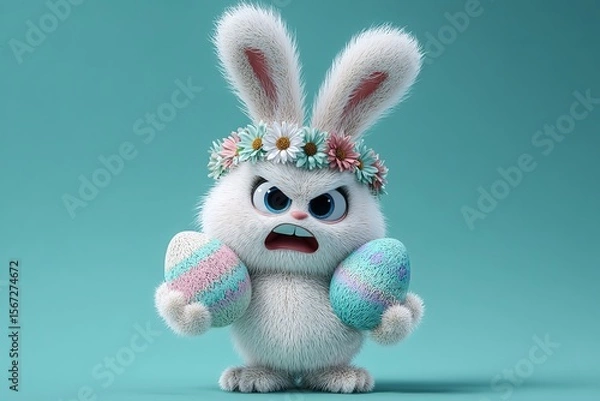 Fototapeta Cute Easter bunny with a wreath of flowers and painted eggs on a blue background, Ai Generated
