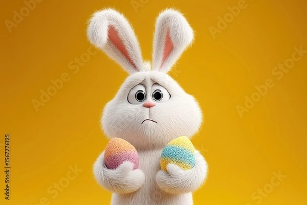 Fototapeta Cute easter bunny with colored eggs on a yellow background, Ai Generated