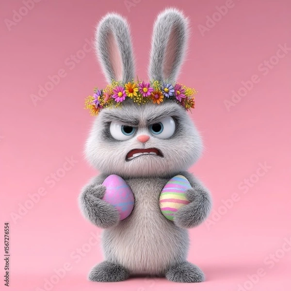 Fototapeta Easter bunny with a wreath of flowers holding a painted egg on a pink background, Ai Generated