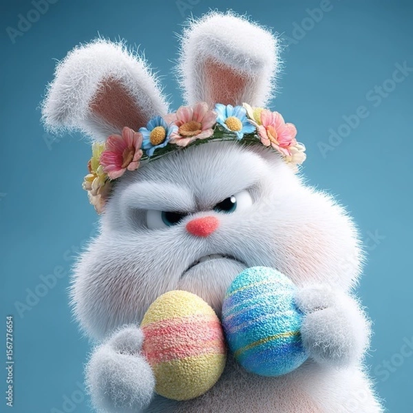 Fototapeta Cute easter bunny with colorful eggs on a blue background, Ai Generated