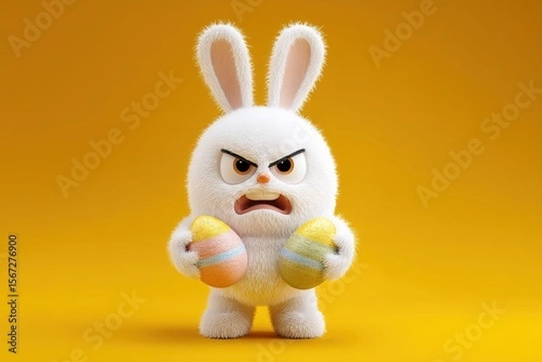 Fototapeta Easter bunny with colored eggs on a yellow background, Easter concept, Ai generated