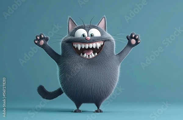 Fototapeta Funny cartoon cat with hands up on blue background, Ai Generated