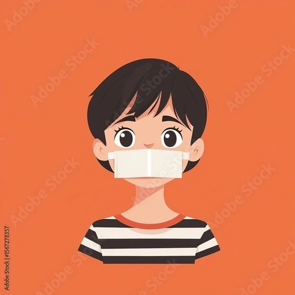 Fototapeta Illustration of a boy in a medical mask on an orange background, Ai Generated