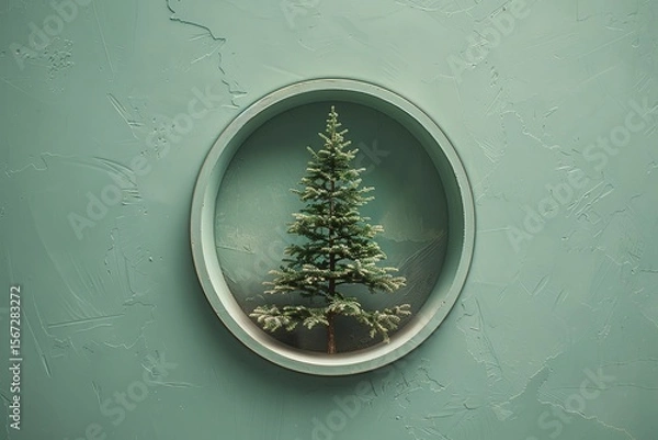 Fototapeta 3D Christmas tree in a round frame on a green background, Ai generated