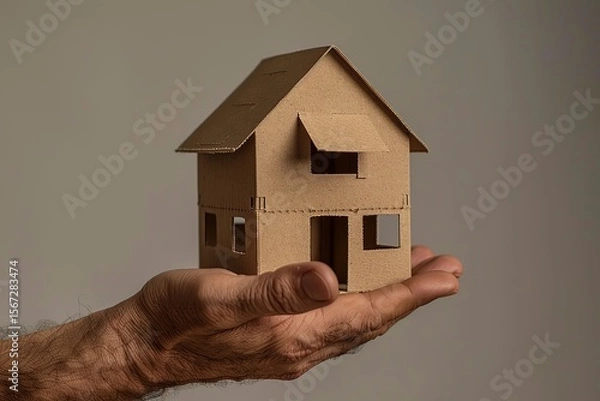 Fototapeta A man's hand holds a model of a house on a gray background, Ai Generated