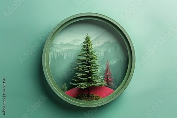Fototapeta 3d illustration of christmas tree in the round frame on green background, Ai Generated