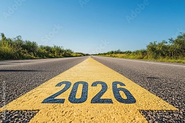 Fototapeta Asphalt road with marking 2026 and blue sky, Ai generated