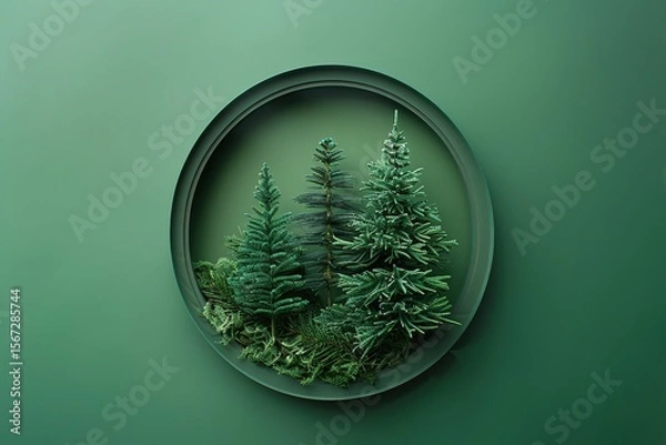 Fototapeta Christmas tree in a plate on a green background, Ai Generated