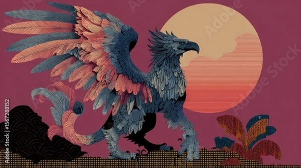 Fototapeta Mythical creature, sunset backdrop