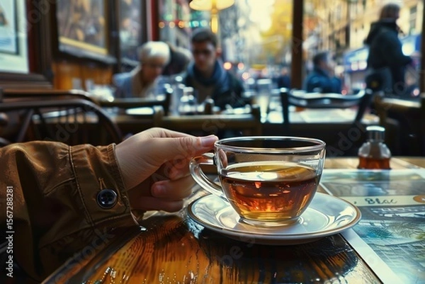Fototapeta Cup of tea on the table in a Parisian cafe, Ai generated