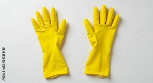 Fototapeta Pair of Bright Yellow Rubber Cleaning Gloves Isolated on White Background, Top View