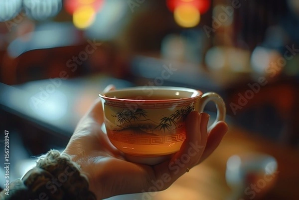 Fototapeta Female hand holding a cup of tea in a cafe, Ai Generated