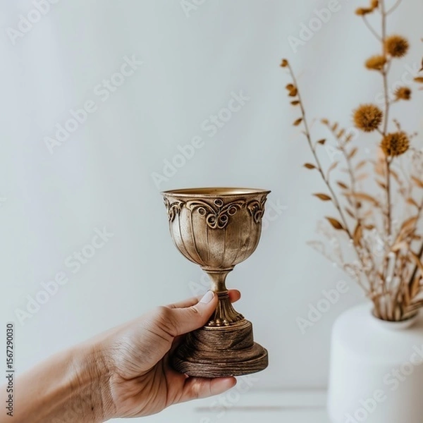 Fototapeta Female hand holding a golden trophy cup on a white background, Ai Generated