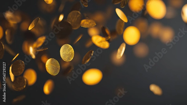 Fototapeta Golden confetti suspended in darkness, capturing the essence of celebration with dynamic energy