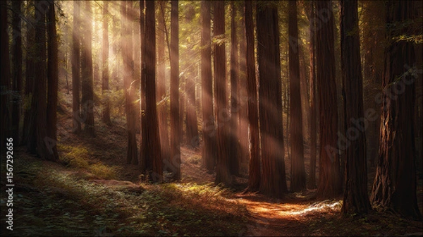 Obraz Misty forest of towering red-barked trees with sunbeams piercing through ancient canopy, conveying primordial serenity.