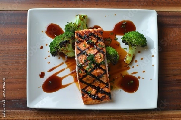 Fototapeta Grilled salmon fillet with soy sauce and broccoli on white plate, Ai generated
