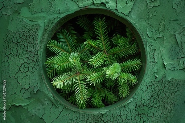 Fototapeta Green branches of spruce in a round hole in the wall, Ai Generated