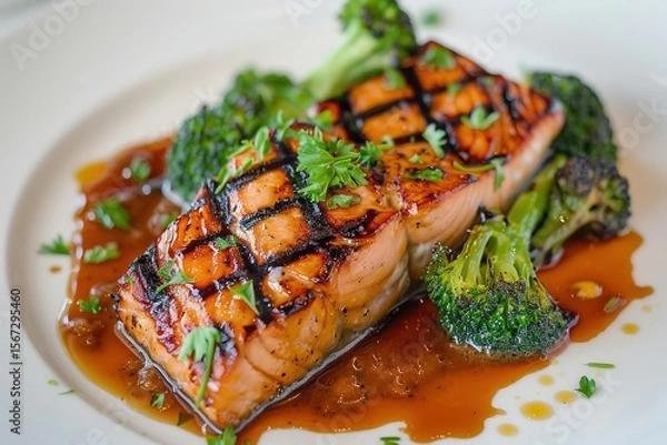 Fototapeta Grilled salmon steak with broccoli and sauce on a white plate, Ai Generated