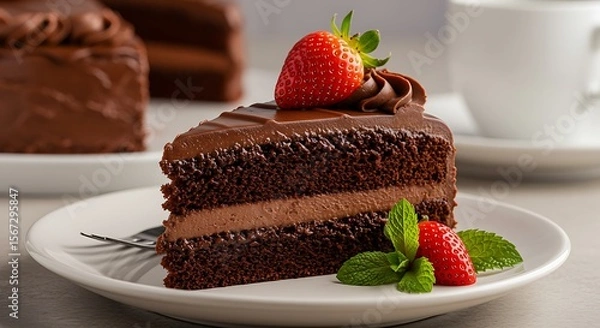 Fototapeta Decadent Chocolate Cake Slice with Fresh Strawberry