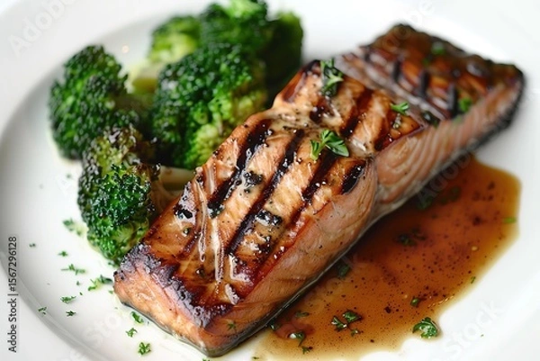 Fototapeta Grilled salmon steak with broccoli on white plate, close-up, Ai Generated